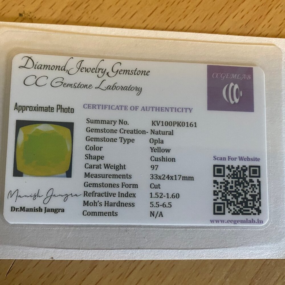 95 Ct Natural NEON Yellow Opal Flawless Cushion Certified Loose Gemstone 33x24mm